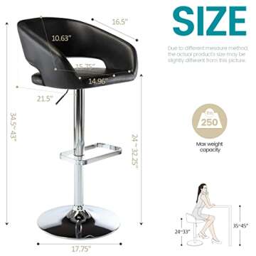 Vogue Furniture Direct Adjustable Bar Stool with Hollow Back and Arms, Modern PU Leather Swivel Barstool, Airlift Counter Height Bar Chair for Kitchen Dining Room (Black)