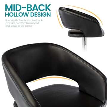 Vogue Furniture Direct Adjustable Bar Stool with Hollow Back and Arms, Modern PU Leather Swivel Barstool, Airlift Counter Height Bar Chair for Kitchen Dining Room (Black)