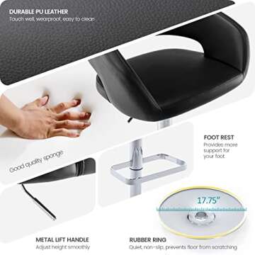 Vogue Furniture Direct Adjustable Bar Stool with Hollow Back and Arms, Modern PU Leather Swivel Barstool, Airlift Counter Height Bar Chair for Kitchen Dining Room (Black)