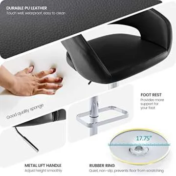 Vogue Furniture Direct Adjustable Bar Stool with Hollow Back and Arms, Modern PU Leather Swivel Barstool, Airlift Counter Height Bar Chair for Kitchen Dining Room (Black)