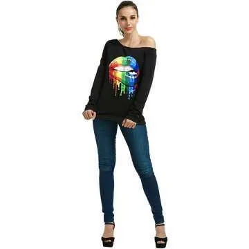 Lips Print Off Shoulder Sweatshirt for Women