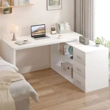 HSH White L-Shaped Computer Desk with 3 Drawers and 2 Shelves, Reversible Home Office Corner Desk for Writing Study Work Executive, 55 Inch Bedroom Wood Table Workstation Desk with Storage Cabinet