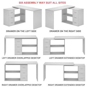 HSH White L-Shaped Computer Desk with 3 Drawers and 2 Shelves, Reversible Home Office Corner Desk for Writing Study Work Executive, 55 Inch Bedroom Wood Table Workstation Desk with Storage Cabinet