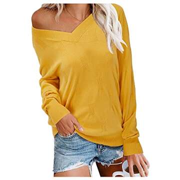 Arach&Cloz Women's Spring Tops 2025 Fashion Trendy V Neck Long Sleeve Shirts Knitted Casual Pullover...