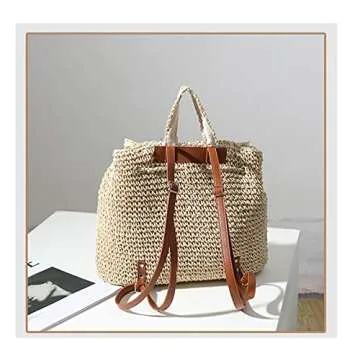 Erichman Women Fashion Straw Handmade Crochet Backpack Flap Drawstring Shoulders Bag Casual Beach Daypack (Beige,One Size)