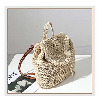 Erichman Women Fashion Straw Handmade Crochet Backpack Flap Drawstring Shoulders Bag Casual Beach Daypack (Beige,One Size)