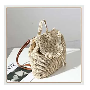 Erichman Women Fashion Straw Handmade Crochet Backpack Flap Drawstring Shoulders Bag Casual Beach Daypack (Beige,One Size)