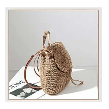 Erichman Women Fashion Straw Handmade Crochet Backpack Flap Drawstring Shoulders Bag Casual Beach Daypack (Beige,One Size)