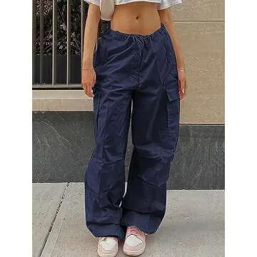 LQI Parachute Pants for Women Y2K Baggy Cargo Pants Drawstring Trousers Low Rise Loose Jogger Sweatpants Dark Blue