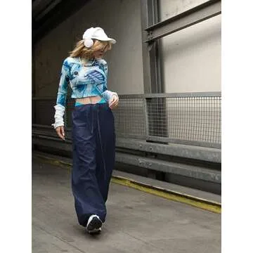 LQI Parachute Pants for Women Y2K Baggy Cargo Pants Drawstring Trousers Low Rise Loose Jogger Sweatpants Dark Blue