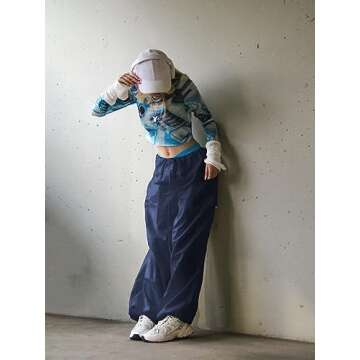 LQI Parachute Pants for Women Y2K Baggy Cargo Pants Drawstring Trousers Low Rise Loose Jogger Sweatpants Dark Blue