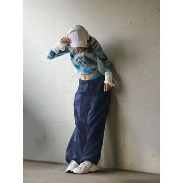 LQI Parachute Pants for Women Y2K Baggy Cargo Pants Drawstring Trousers Low Rise Loose Jogger Sweatpants Dark Blue