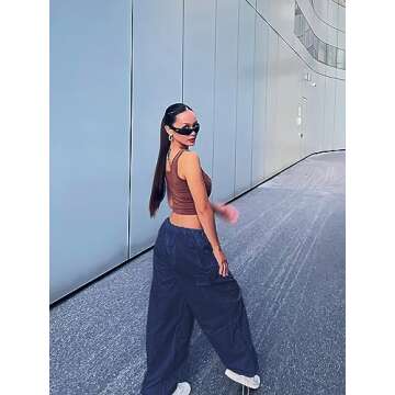 LQI Parachute Pants for Women Y2K Baggy Cargo Pants Drawstring Trousers Low Rise Loose Jogger Sweatpants Dark Blue