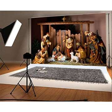 AOFOTO 8x6ft Barn Interior Manger Scene Backdrop Christ Child Birth of Jesus Nativity Shepherd Photography Background Lamb Horse Stable Farmhouse Pray Bible Baptism Church Concert Photos Studio Props