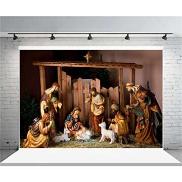 AOFOTO 8x6ft Barn Interior Manger Scene Backdrop Christ Child Birth of Jesus Nativity Shepherd Photography Background Lamb Horse Stable Farmhouse Pray Bible Baptism Church Concert Photos Studio Props