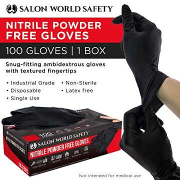 Salon World Safety Black Nitrile Gloves - 100 Pack, Small, 5.0 Mil, Latex Free, Textured