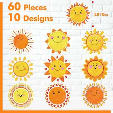 60 PCS Sun Cutouts, 10 Designs Bulletin Board Decoration Sun Cut-Outs DIY Crafts Project Spring Summ...