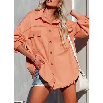 Dokotoo Jackets for Women Turn Down Collared Lapel Neck Cotton Long Sleeve Shirts Button Up Shacket Jacket Women Outwear with Pockets Warm Winter Coats for Women Orange M