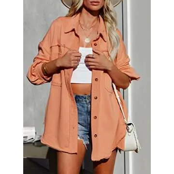 Dokotoo Jackets for Women Turn Down Collared Lapel Neck Cotton Long Sleeve Shirts Button Up Shacket Jacket Women Outwear with Pockets Warm Winter Coats for Women Orange M