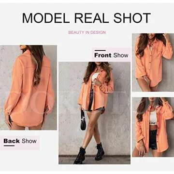 Dokotoo Jackets for Women Turn Down Collared Lapel Neck Cotton Long Sleeve Shirts Button Up Shacket Jacket Women Outwear with Pockets Warm Winter Coats for Women Orange M