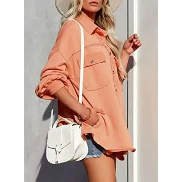 Dokotoo Jackets for Women Turn Down Collared Lapel Neck Cotton Long Sleeve Shirts Button Up Shacket Jacket Women Outwear with Pockets Warm Winter Coats for Women Orange M