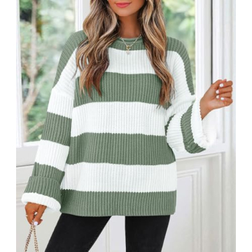 ZESICA Women's Fall Long Sleeve Crew Neck Striped Color Block Comfy Loose Oversized Knitted Pullover Sweater,Green,Medium