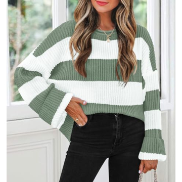 ZESICA Women's Fall Long Sleeve Crew Neck Striped Color Block Comfy Loose Oversized Knitted Pullover Sweater,Green,Medium