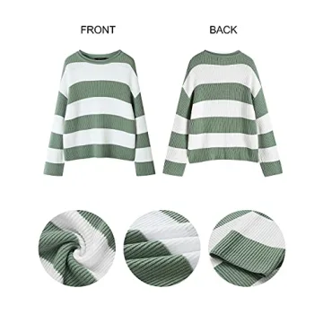 ZESICA Women's Fall Long Sleeve Crew Neck Striped Color Block Comfy Loose Oversized Knitted Pullover Sweater,Green,Medium