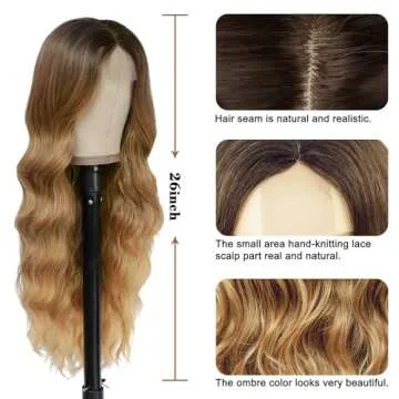 NAYOO Long Ombre Honey Blonde Wavy Wig for Women 26 Inch Middle Part Curly Wavy Wig Natural Looking Synthetic Heat Resistant Fiber Wig for Daily Party Use (Ombre Honey Blonde)