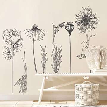 Black Simple Flower Plant Wall Decals - Boho Floral Wall Stickers for Modern Decor