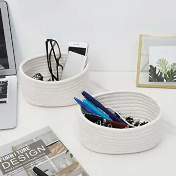 【2 Pack】 ABenkle Small Storage Baskets, Natural Cotton Rope Woven Baskets for Organizing, Tiny Oval Storage Easter Baskets, Small Basket, Cat Dog Toy Baskets, Bathroom Organization Bin