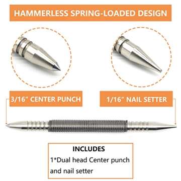 WHLLING 1/16″Dual Head Nail Setter and 3/16″Center Punch, 3500 PSI Striking Force Counter Punch Spring Nail Set