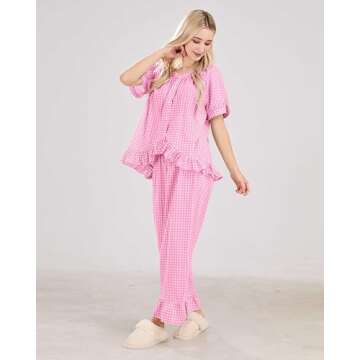 codcm Womens Gingham Pajama Set 2 Piece Short Sleeve Babydoll Shirt and Pants Lounge Set Cute Sleepwear(Pink,X-Small)
