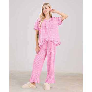 codcm Womens Gingham Pajama Set 2 Piece Short Sleeve Babydoll Shirt and Pants Lounge Set Cute Sleepwear(Pink,X-Small)
