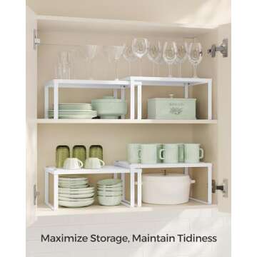 SONGMICS Spice Racks, Cabinet Shelf Organizers, Shelf Organizers, Countertop Organizers, Shelf Risers, Stackable, Expandable, Set of 2 Metal Kitchen Counter Shelves, White UKCS01WT