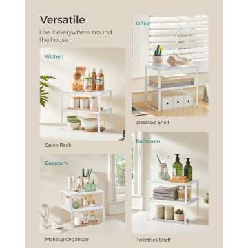 SONGMICS Spice Racks, Cabinet Shelf Organizers, Shelf Organizers, Countertop Organizers, Shelf Risers, Stackable, Expandable, Set of 2 Metal Kitchen Counter Shelves, White UKCS01WT