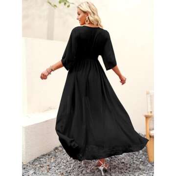 ANRABESS Women’s Summer Loose Boho Flowy Wrap V Neck 3/4 Sleeve Floral Print Slit Beach Wedding Guest Long Maxi Dresses 2024 Black Large