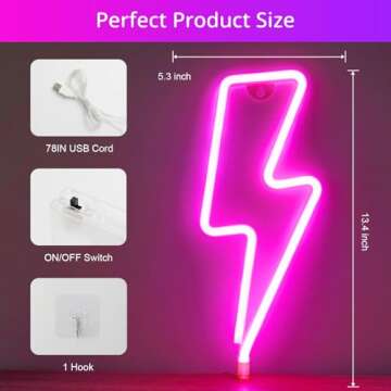 XIYUNTE Lightning Bolt Neon Signs for Wall Decor, USB or Battery Powered Led Lightning Bolt Sign, Pink Neon Lightning Bolt Sign for Gaming Decor, Girls Room, Christmas Decoration, Gifts for Kids