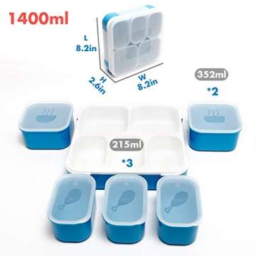 Fun Life Bento Lunch Box, 5 Compartment Insulated Leakproof Meal Prep Container Eco-Friendly Reusable for Men, Women, Adults, Kids (blue)