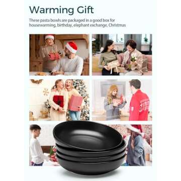 Teocera Pasta Bowls, Large Salad Bowls, Porcelain Bowl Set, Wide and Shallow, Microwave and Dishwasher Safe, 35 Ounce - Set of 4, Matte Black