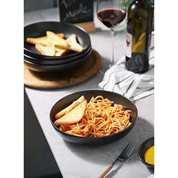 Teocera Pasta Bowls, Large Salad Bowls, Porcelain Bowl Set, Wide and Shallow, Microwave and Dishwasher Safe, 35 Ounce - Set of 4, Matte Black