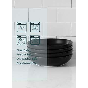 Teocera Pasta Bowls, Large Salad Bowls, Porcelain Bowl Set, Wide and Shallow, Microwave and Dishwasher Safe, 35 Ounce - Set of 4, Matte Black