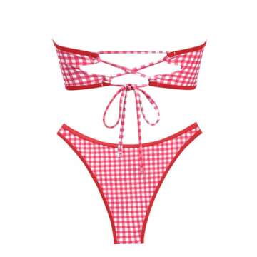 ZAFUL Women's Strapless Bikini Gingham Bow Decor Ruched Lace up Thong Bandeau Bikini Swimsuit Cheeky Bathing Suits (Red, S)