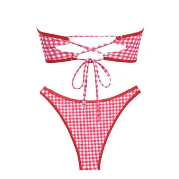 ZAFUL Women's Strapless Bikini Gingham Bow Decor Ruched Lace up Thong Bandeau Bikini Swimsuit Cheeky...