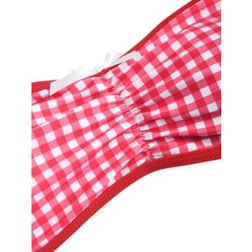 ZAFUL Women's Strapless Bikini Gingham Bow Decor Ruched Lace up Thong Bandeau Bikini Swimsuit Cheeky Bathing Suits (Red, S)
