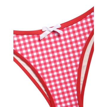 ZAFUL Women's Strapless Bikini Gingham Bow Decor Ruched Lace up Thong Bandeau Bikini Swimsuit Cheeky Bathing Suits (Red, S)