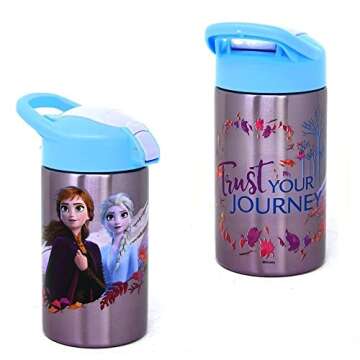 Zak Designs, Inc. Frozen 2 Stainless Steel Bottle for Kids - Disney Frozen Kids Insulated Water Bottle with Push Button Spout, Perfect Frozen 2 Water Bottle for Kids School Days and Trips - 15.5 oz.