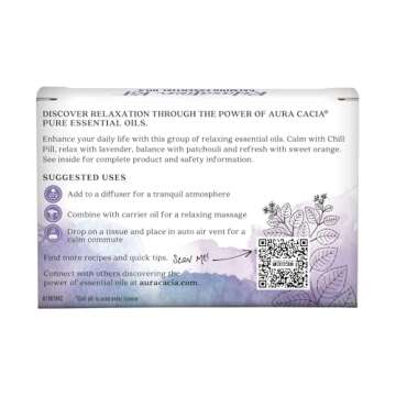 Aura Cacia Essential Oil Relaxation Kit, 4-Pack, Lavender, Patchouli, Sweet Orange, Chamomile, Sweet Basil & Learning Guide