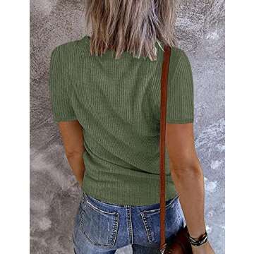 MEROKEETY Women's Short Sleeve V Neck Ribbed Knit Button T Shirts Henley Solid Color Summer Tops, Gr...