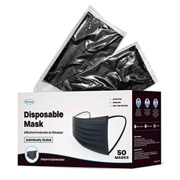 WECARE Black Disposable Face Masks - Individually Wrapped, 50 Pack - Comfortable 3 Ply Protection